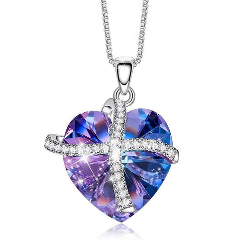 Iridescent Amethyst Gemstone Purple Passion Pave Heart Ribbon Necklace + Stud Earring Set