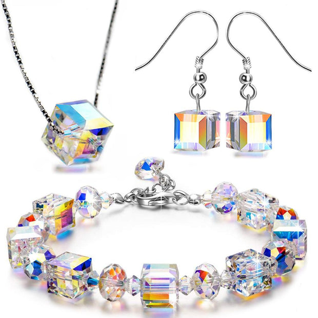 Aurora Borealis Magnificent Cube With Austrian Crystals - 3 Piece Set with Luxe Box ITALY Design