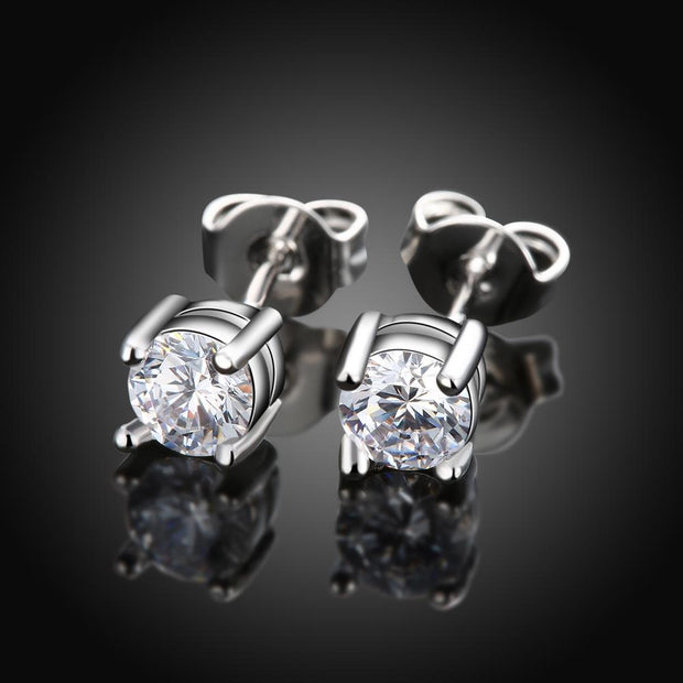 Solitaire Princess Cut Austrian Elements Studs in 18K White ITALY Design  - ALILY