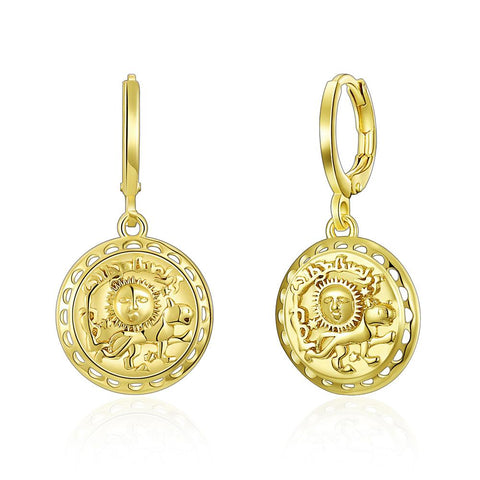 Sun Scribed Medallion Drop Earrings in 14K Gold