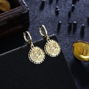 Sun Scribed Medallion Drop Earrings in 14K Gold