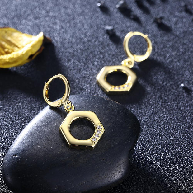 Hexagon  Drop Earrings in 14K Gold