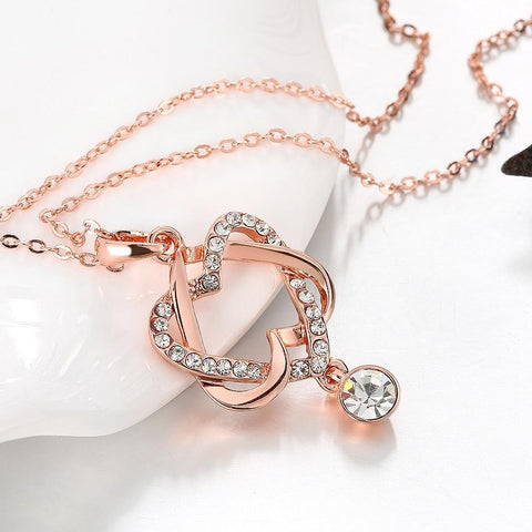 Crystal Double Heart Necklace in 18K Rose Gold Plated