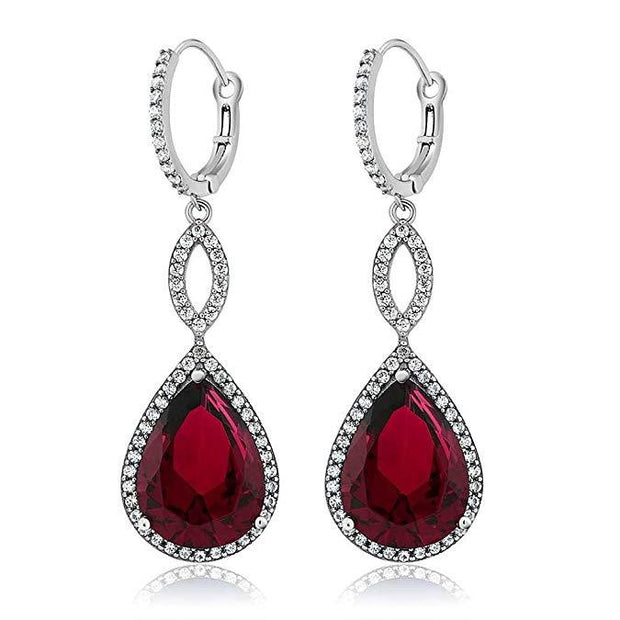 Ruby Pave Teardrop Infinity Drop Embellished with  Crystals in 18K White Gold Plated
