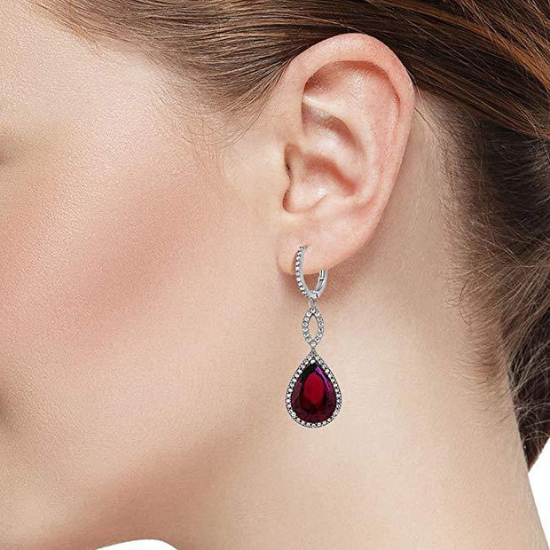 Ruby Pave Teardrop Infinity Drop Embellished with  Crystals in 18K White Gold Plated