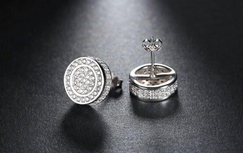 Pave Disc Stud Earring Embellished with  Crystals in 18K White Gold Plated