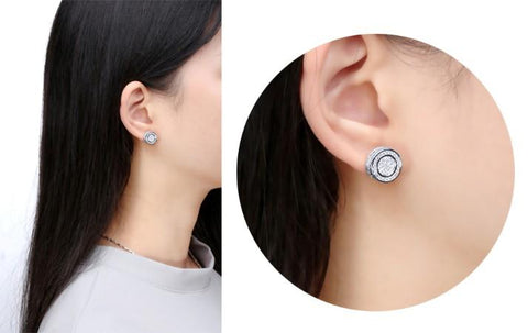 Pave Disc Stud Earring Embellished with  Crystals in 18K White Gold Plated