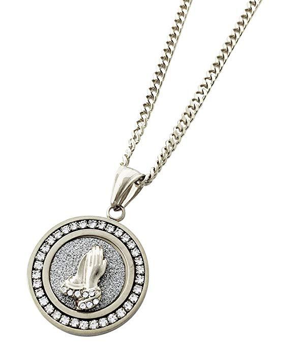 Pave Praying Hands Necklace Embellished with  Crystals in 18K White Gold Plated