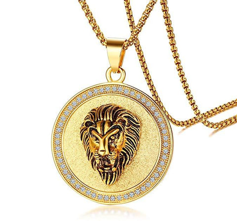 King of the Jungle Lion Pendant Medallion Necklace in 18K Gold Plated
