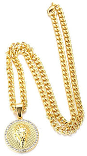 Pave King of the Jungle Lion Pendant Medallion Necklace in 18K Gold Plated