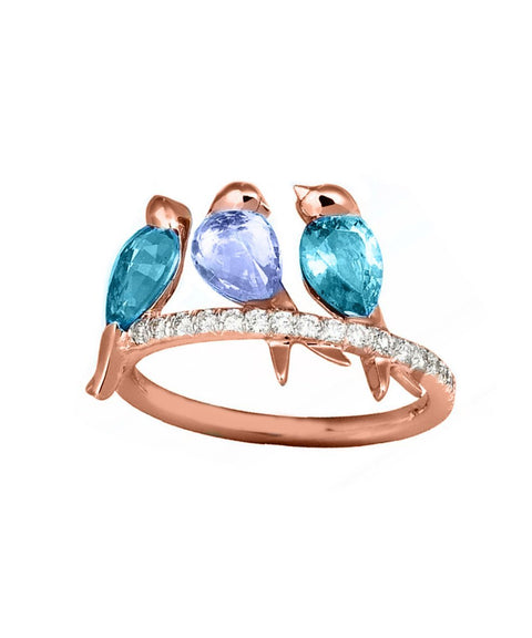 Three Little Birdys With Austrian Crystals Blue in 18K Rose Gold Plated ITALY Design
