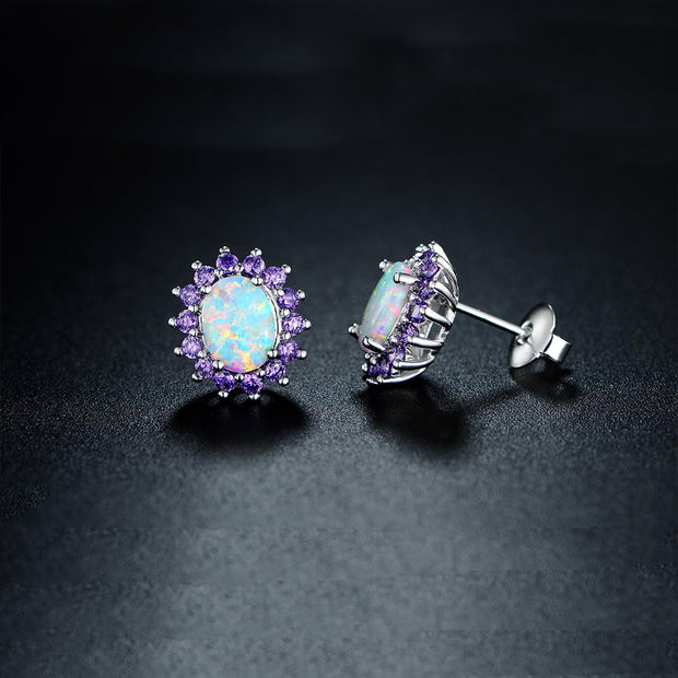 0.25 CTTW White Fire Opal and Amethyst Stud Earrings in 18K White Gold