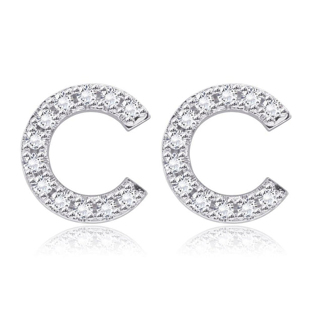 Crystals Pave Letter Stud Monogram Initial Earrings in 18K White Gold Filled