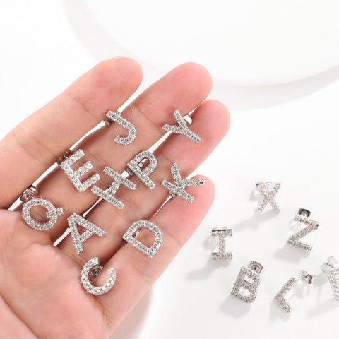 Austrian Crystals Pave Letter Stud Monogram Initial Earrings in 18K White Gold Filled ITALY Design  - ALILY