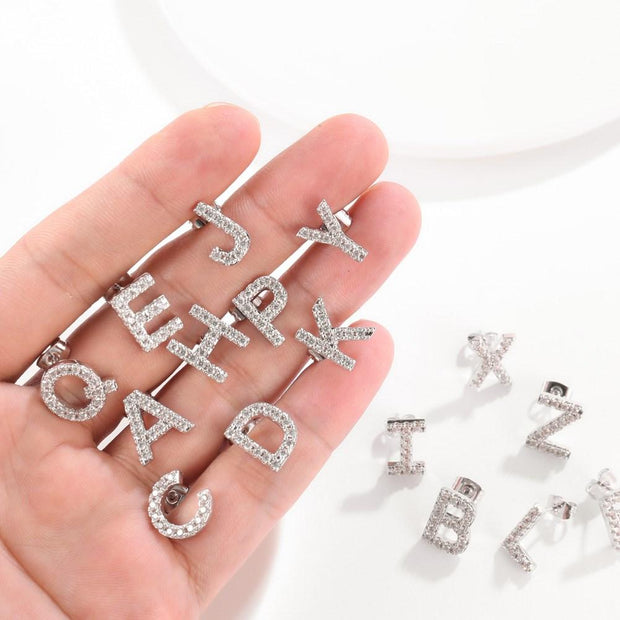 Austrian Crystals Pave Letter Stud Monogram Initial Earrings in 18K White Gold Filled ITALY Design  - ALILY