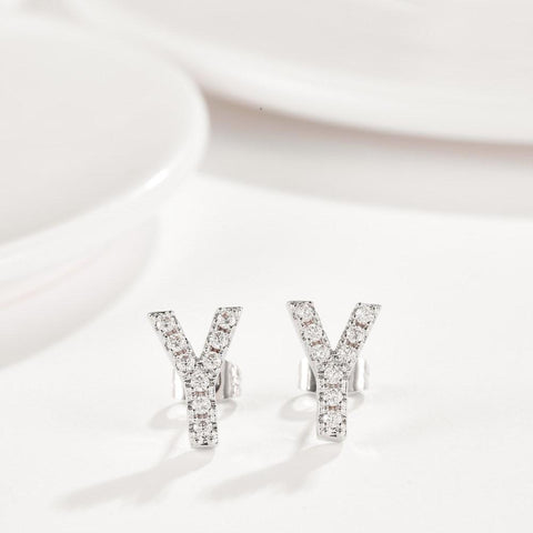 Austrian Crystals Pave Letter Stud Monogram Initial Earrings in 18K White Gold Filled ITALY Design  - ALILY