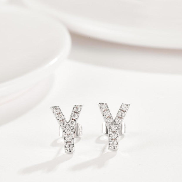 Crystals Pave Letter Stud Monogram Initial Earrings in 18K White Gold Filled