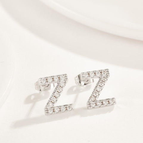 Austrian Crystals Pave Letter Stud Monogram Initial Earrings in 18K White Gold Filled ITALY Design  - ALILY