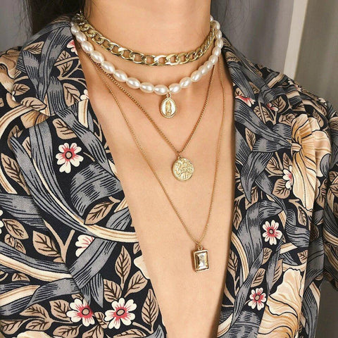 4 Piece Necklace Set: Choker, Pearl, Coin, Pendant ITALY Design  - ALILY