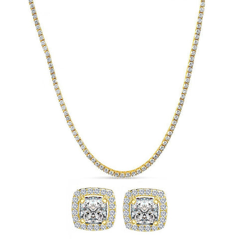 Swarovski Elements Tennis Necklace and Princess Halo Earring Set in Gold Plating - 3 Options Available ITALY Design