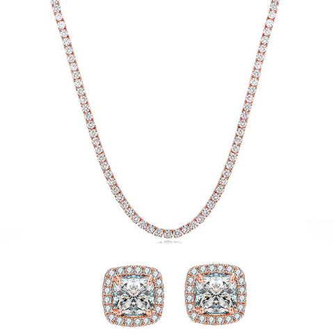 Tennis Necklace and Princess Halo Earring Set with Luxe Gift Box - 18K Rose Gold ITALY Design