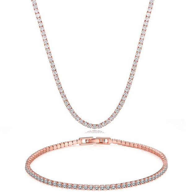 Tennis Necklace and Bracelet Set made With Austrian Crystals with Luxe Box - 18K Rose ITALY Design