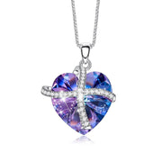 Iridescent Amethyst Gemstone Purple Passion Pave Heart Ribbon Necklace + Stud Earring Set