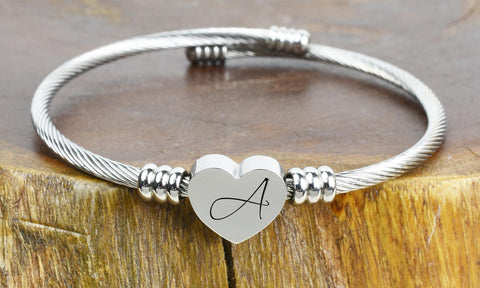 BUY 2 & GET 1 FREE!- SOLID STAINLESS-STEEL HEART INITIAL CABLE BANGLE - ALL LETTERS