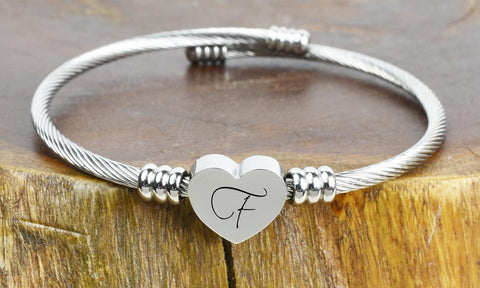 BUY 2 & GET 1 FREE!- SOLID STAINLESS-STEEL HEART INITIAL CABLE BANGLE - ALL LETTERS