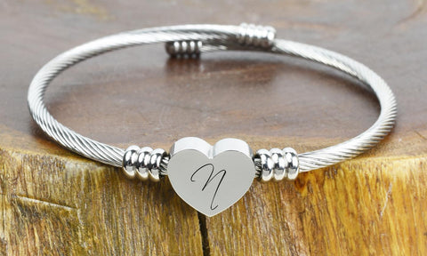 BUY 2 & GET 1 FREE!- SOLID STAINLESS-STEEL HEART INITIAL CABLE BANGLE - ALL LETTERS