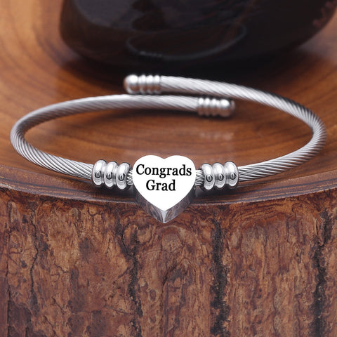 Congratulation 2020 Graduates! "Congrads Grad" Heart Charm Stainless Steel Bangle ITALY Design