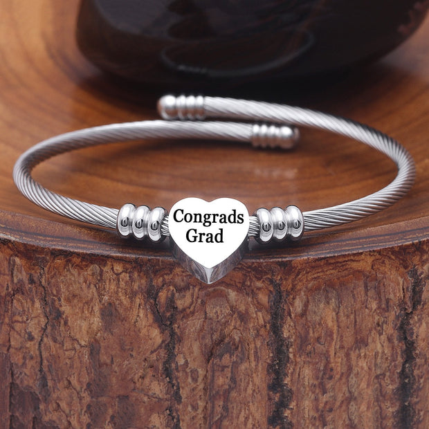 Congratulation 2020 Graduates! "Congrads Grad" Heart Charm Stainless Steel Bangle ITALY Design