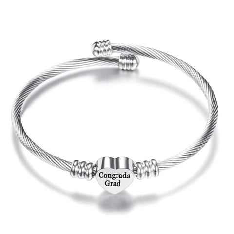 Congratulation 2020 Graduates! "Congrads Grad" Heart Charm Stainless Steel Bangle ITALY Design