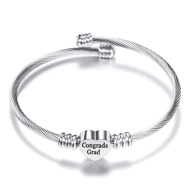 Congratulation 2020 Graduates! "Congrads Grad" Heart Charm Stainless Steel Bangle ITALY Design
