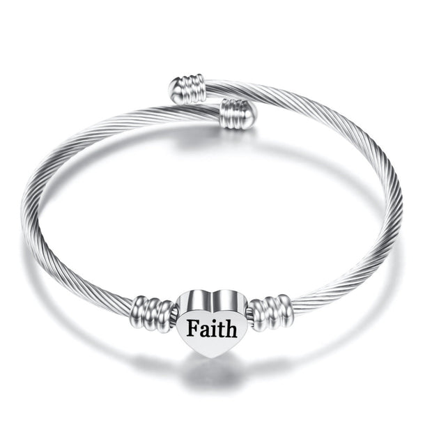Inspirational Quotes Stainless Steel Heart Charm Bangle - 27 Options Available