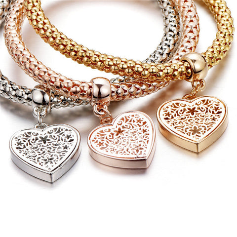 Trio Gold Filigree Hearts Charm Mesh Bracelets Sets