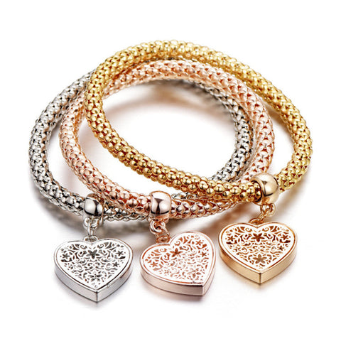 Trio Gold Filigree Hearts Charm Mesh Bracelets Sets