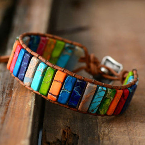 Thai Inspired Rainbow Marble Leather Pull Bracelet
