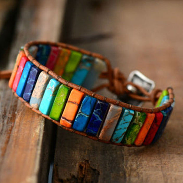 Thai Inspired Rainbow Marble Leather Pull Bracelet