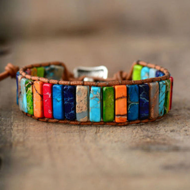 Thai Inspired Rainbow Marble Leather Pull Bracelet