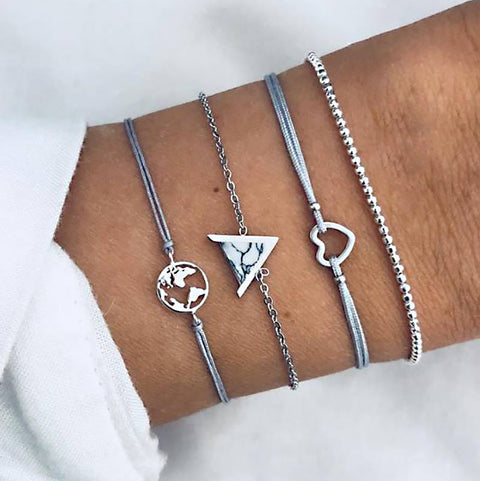 14K White Gold Plating White Marble Triangular Bracelet Set