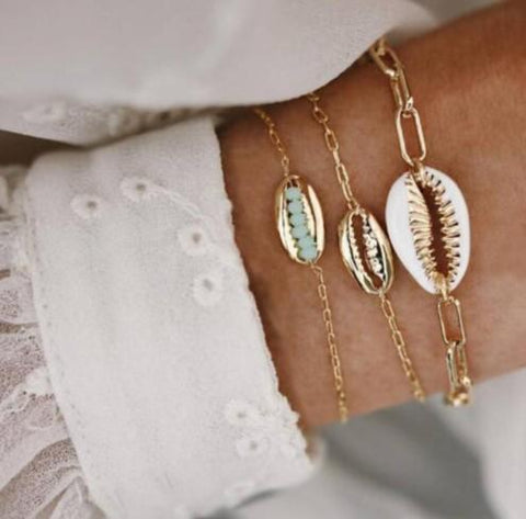 Turquoise Sea-Shell 3 Piece Bracelet Set in 14K Gold ITALY Design  - ALILY
