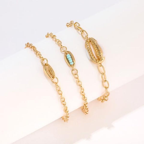 Turquoise Sea-Shell 3 Piece Bracelet Set in 14K Gold ITALY Design  - ALILY