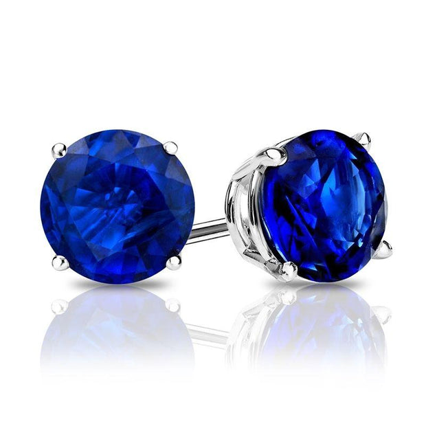 Sapphire Created  Crystal 6mm Stud Earring 14K White Gold Plated - 1.00 CT