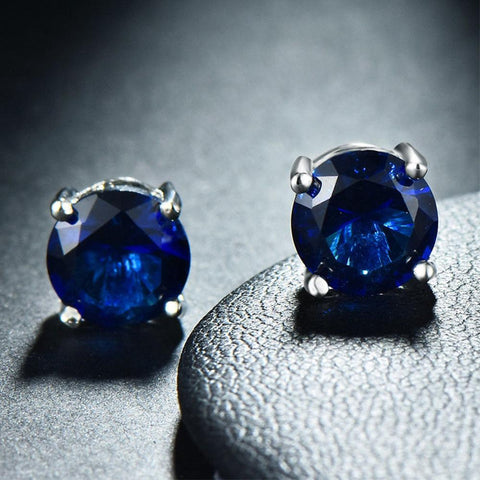Sapphire Created  Crystal 6mm Stud Earring 14K White Gold Plated - 1.00 CT