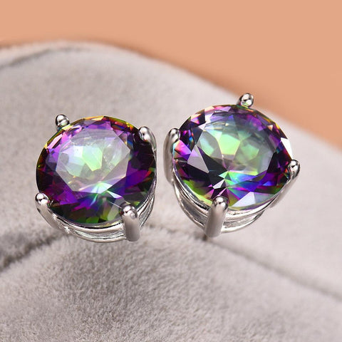 Mystic Topaz Embellished with  Crystals 7mm Stud Earringin 18K White Gold Plated