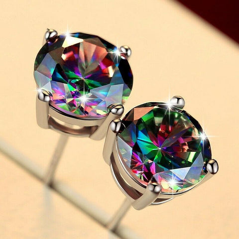 Mystic Topaz Embellished with  Crystals 7mm Stud Earringin 18K White Gold Plated