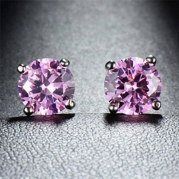 Pink Topaz Onyx Embellished with  Crystals 7mm Stud Earringin 18K White Gold Plated