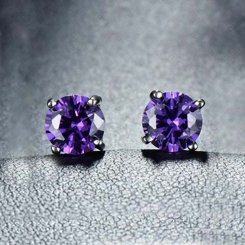 Amethyst Created Austrian Crystal 6mm Stud Earring 14K White Gold Plated - 1.00 CT - Riakoob