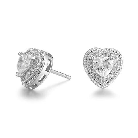 Pave Halo Heart Stud Earring Embellished with  Crystals in 18K White Gold Plated
